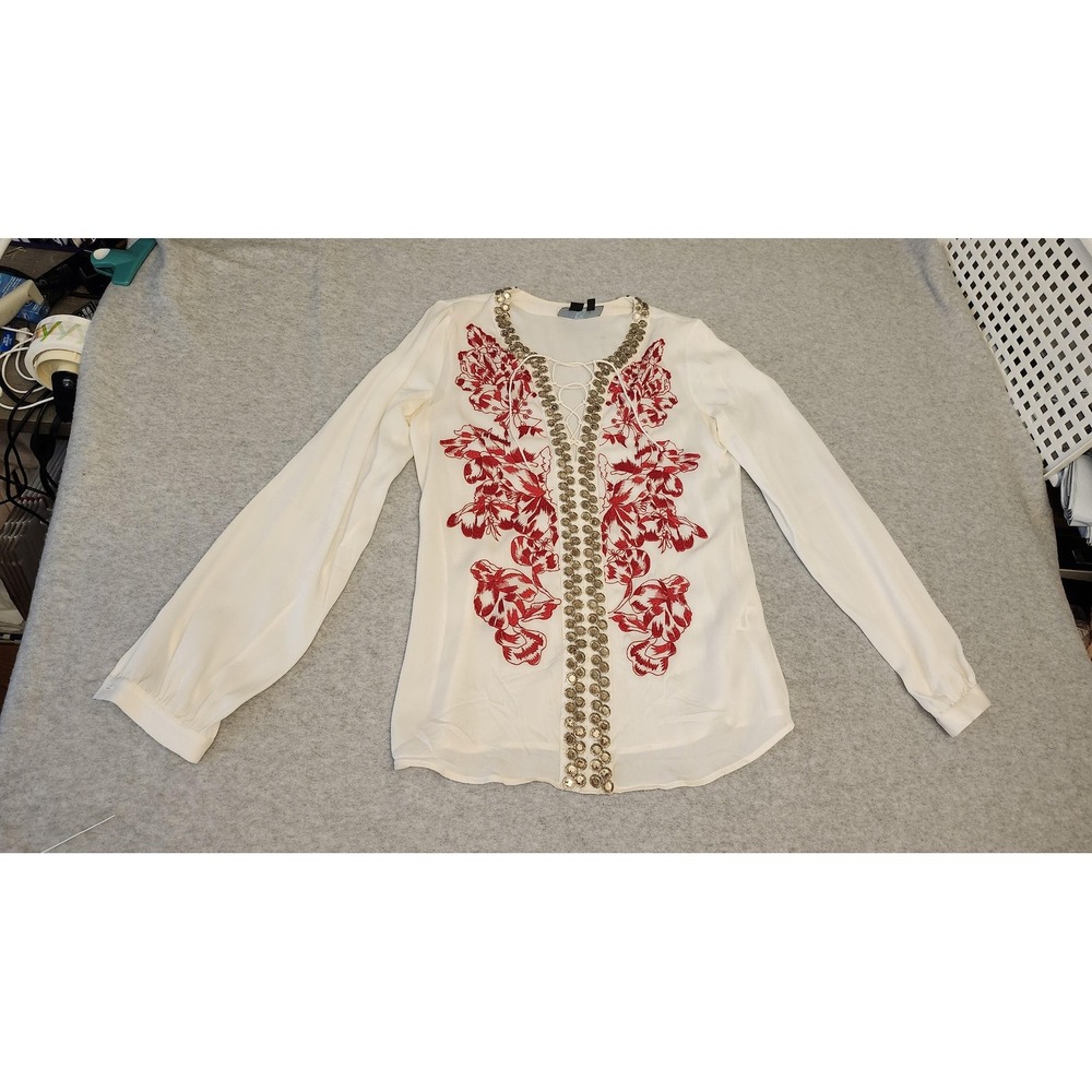 Sachin + Babi Shirt Womens 4 Ivory Red Silk Embroidered Lace Up Beaded Trim Boho